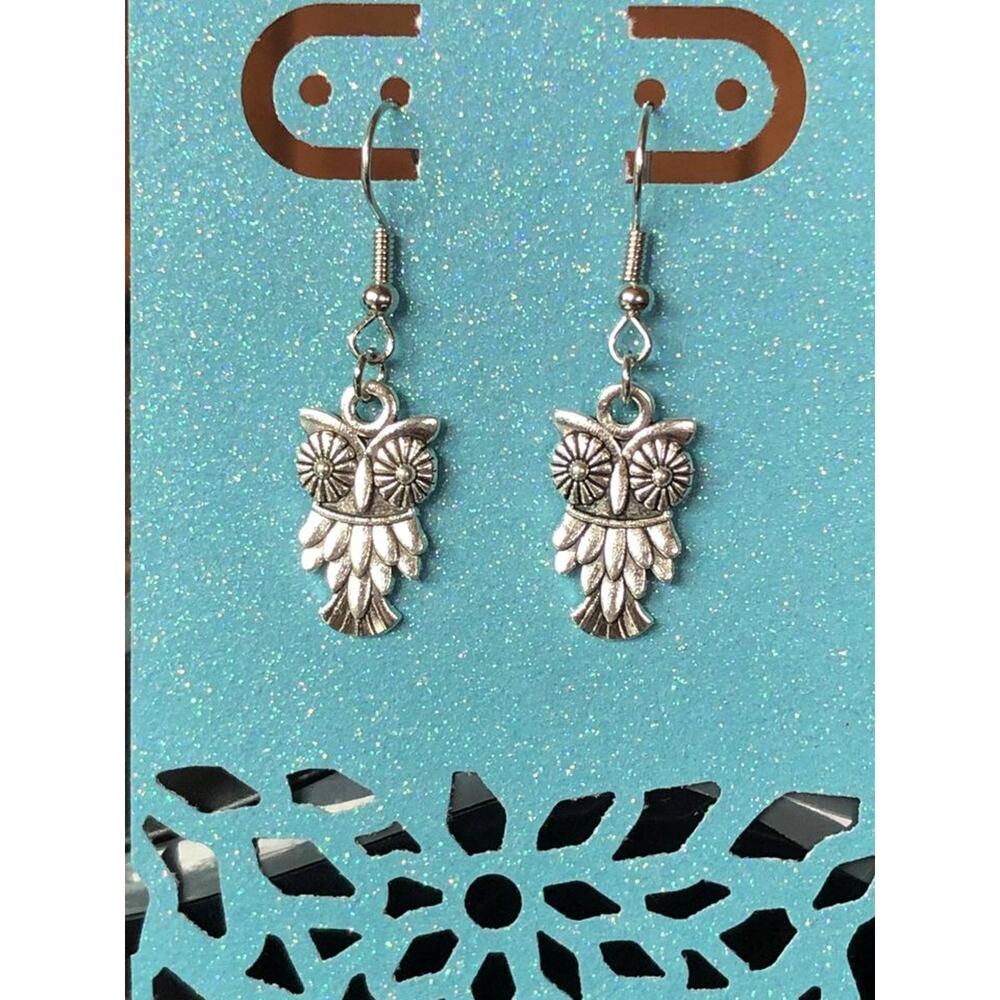 Darling Owl Dangle Silver-Tone Wire Hook Earrings